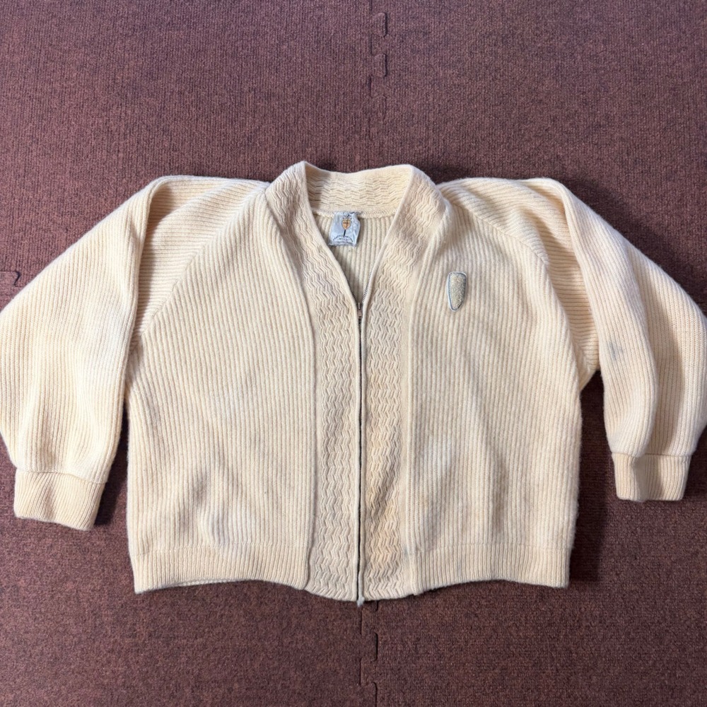 Vintage Seattle Knitting‎ Mills Wool Zip Up Cardigan Cream Ribbed Sweater Mens M